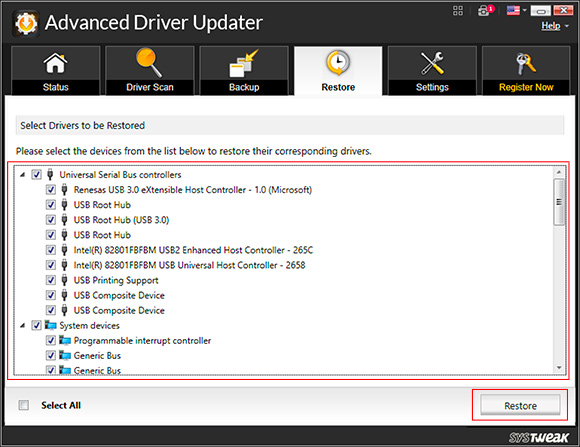 Now, check mark the device driver you wish to restore and click on Restore button.