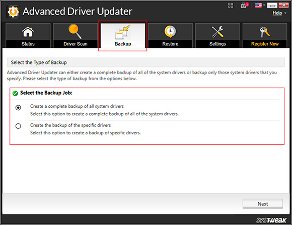 Here, select the type of backup you wish to take, whether a full backup or backup of specific drivers and click Next.