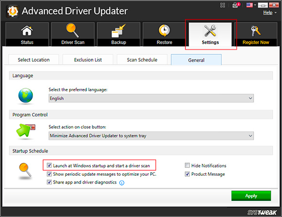 Click on the Settings > General tab and uncheck the setting 'Launch at Windows startup and start a driver scan'.